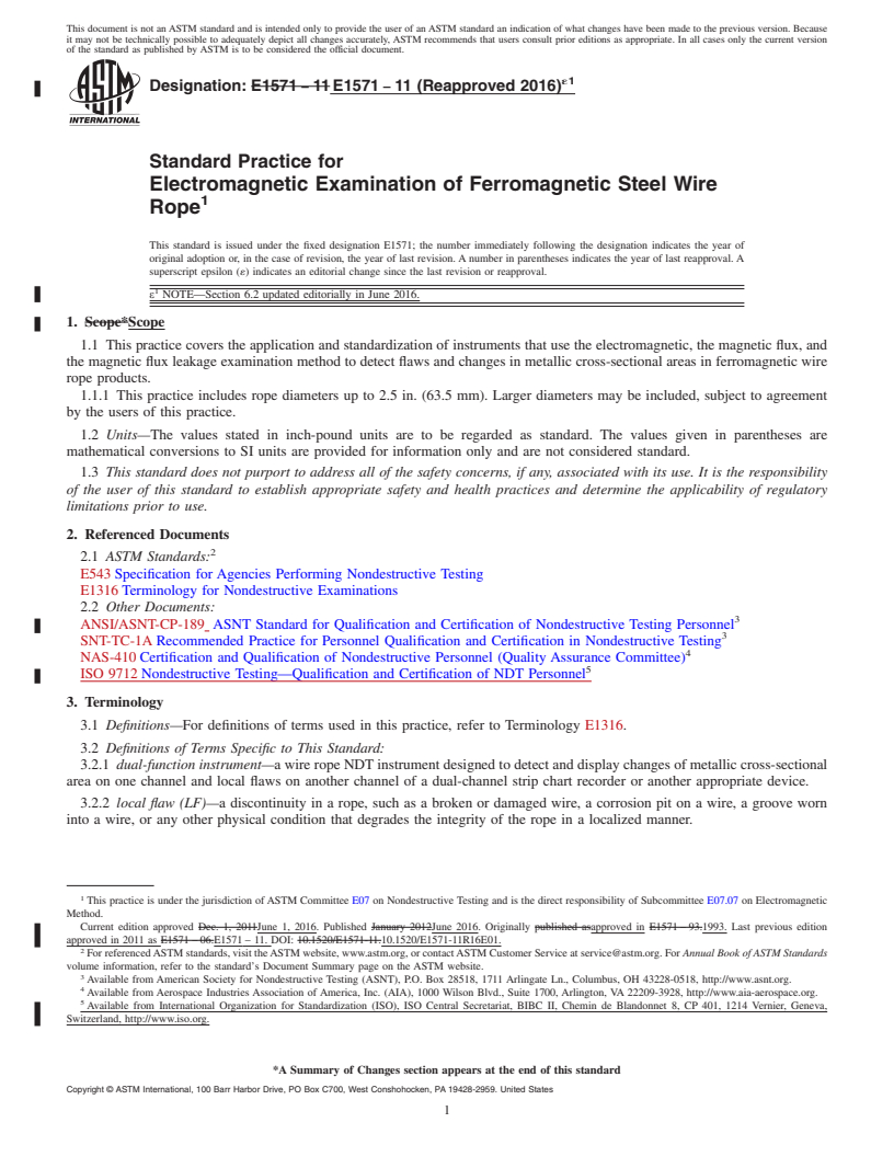 REDLINE ASTM E1571-11(2016)e1 - Standard Practice for  Electromagnetic Examination of Ferromagnetic Steel Wire Rope