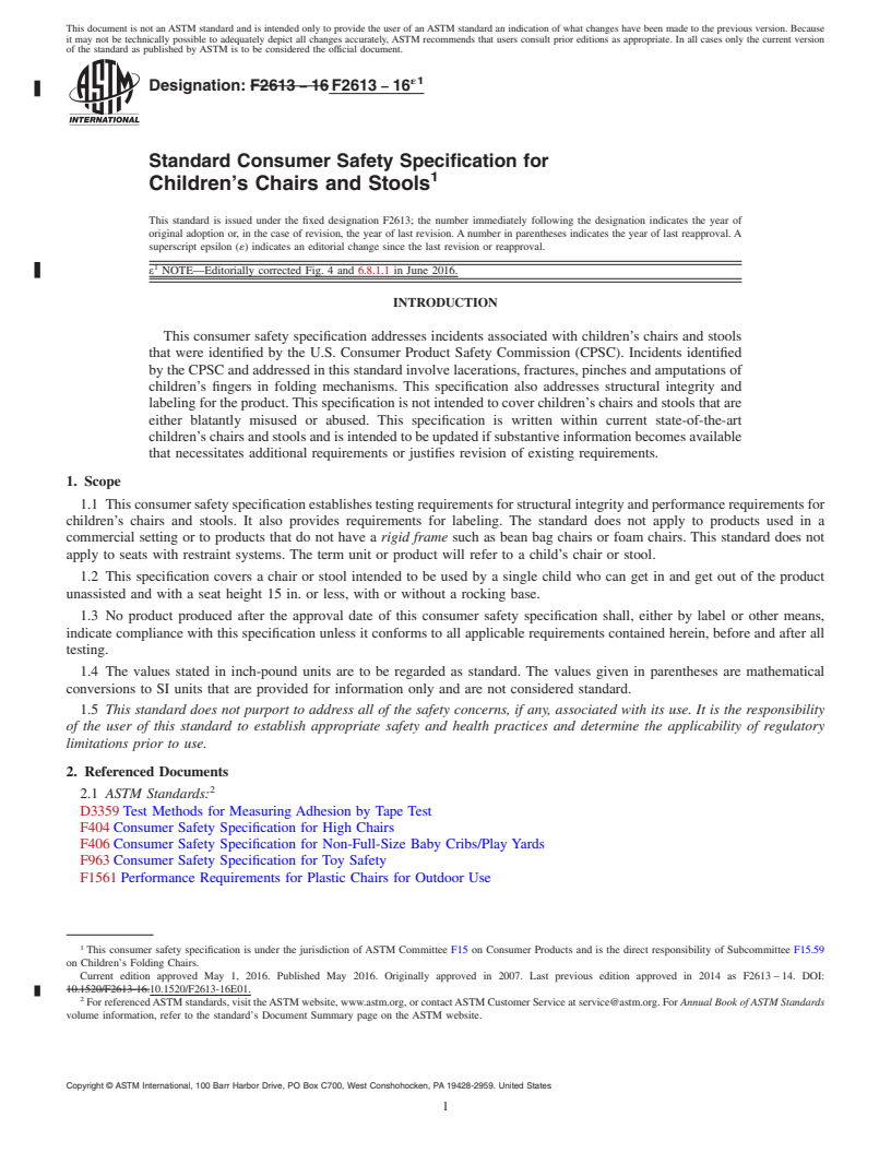 REDLINE ASTM F2613-16e1 - Standard Consumer Safety Specification for  Children's Chairs and Stools