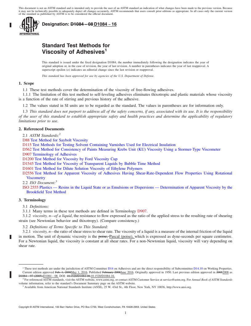 REDLINE ASTM D1084-16 - Standard Test Methods for Viscosity of Adhesives