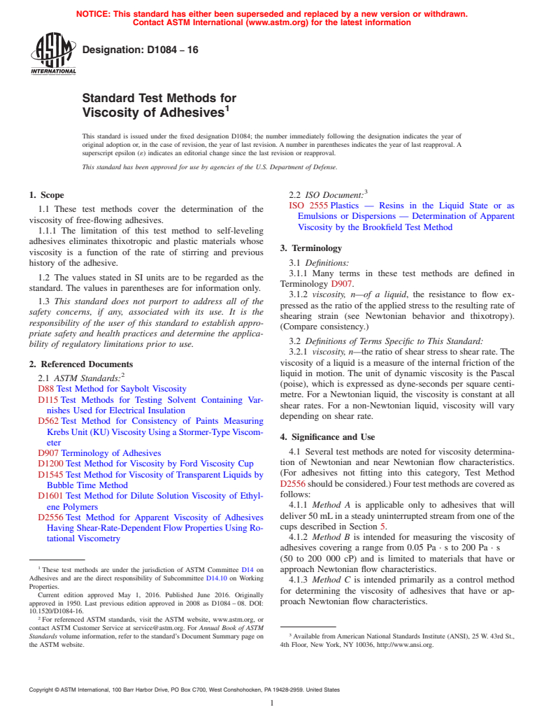 ASTM D1084-16 - Standard Test Methods for Viscosity of Adhesives