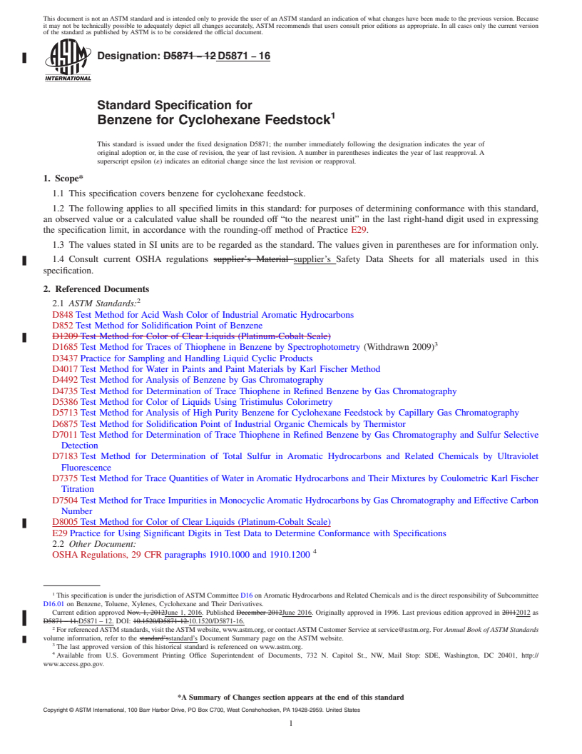 REDLINE ASTM D5871-16 - Standard Specification for  Benzene for Cyclohexane Feedstock