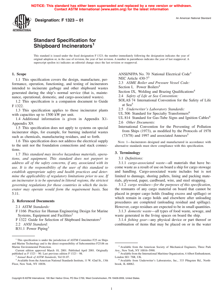 ASTM F1323-01 - Standard Specification for Shipboard Incinerators