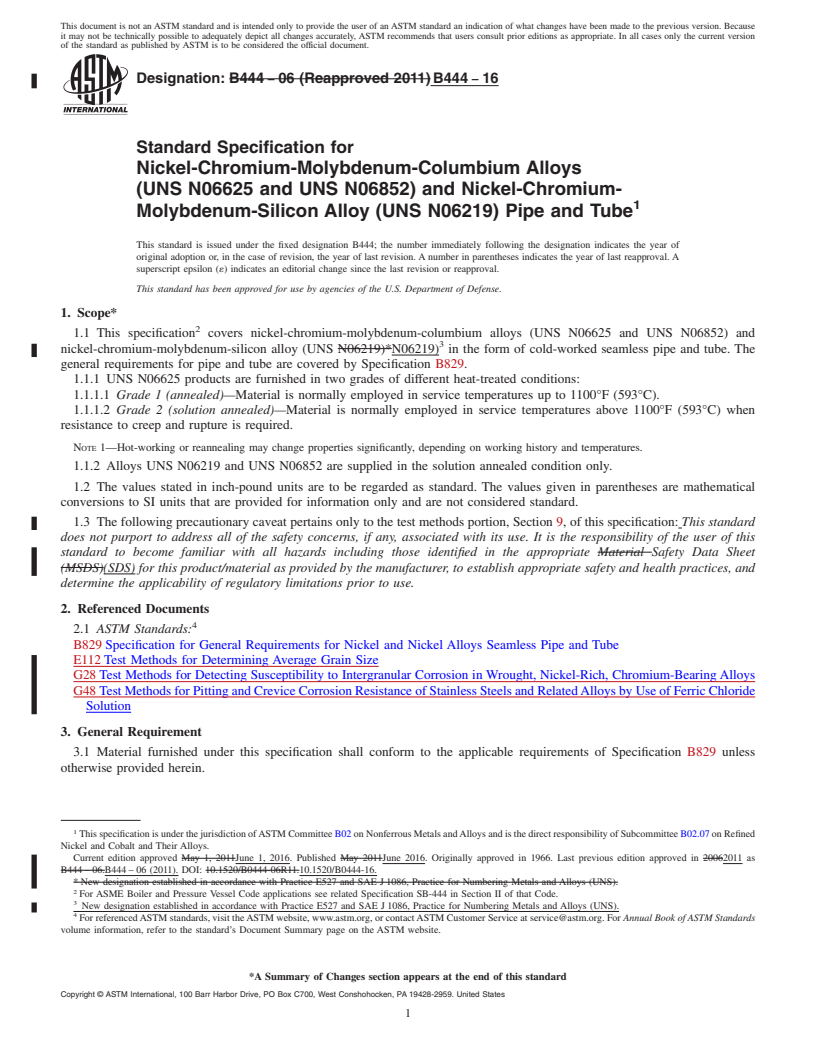 REDLINE ASTM B444-16 - Standard Specification for Nickel-Chromium-Molybdenum-Columbium Alloys<brk/> (UNS N06625  and UNS    N06852) and Nickel-Chromium-Molybdenum-Silicon Alloy (UNS  N06219) Pipe and    Tube