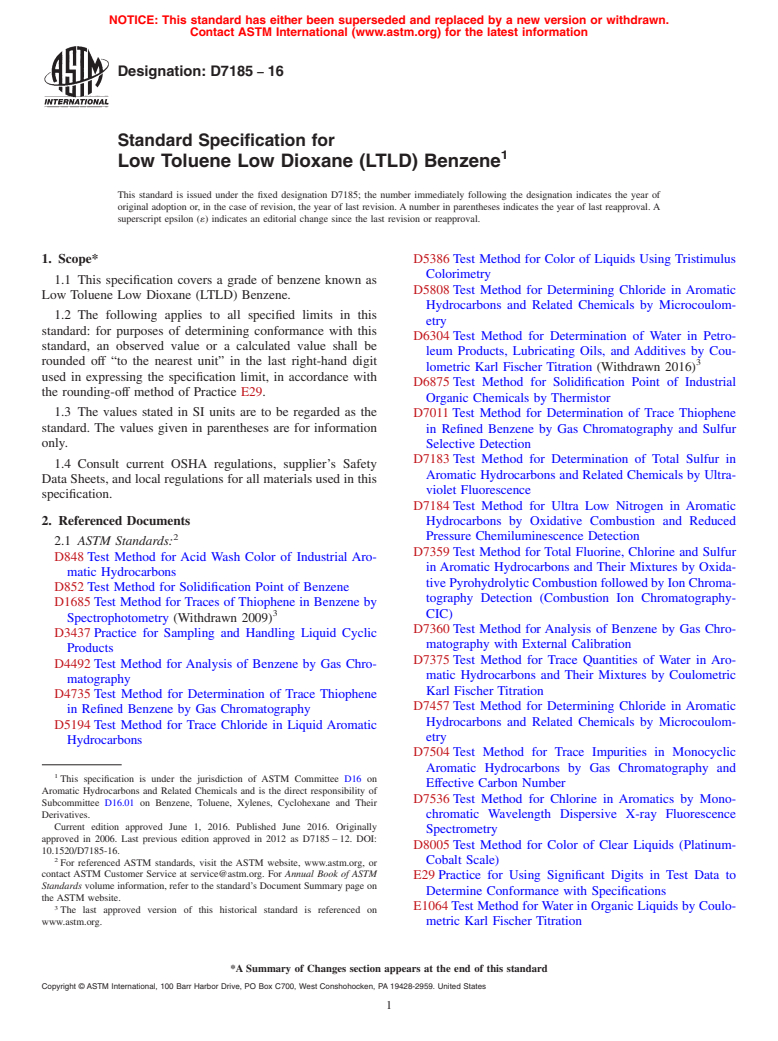 ASTM D7185-16 - Standard Specification for  Low Toluene Low Dioxane (LTLD) Benzene