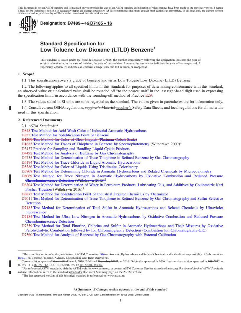 REDLINE ASTM D7185-16 - Standard Specification for  Low Toluene Low Dioxane (LTLD) Benzene