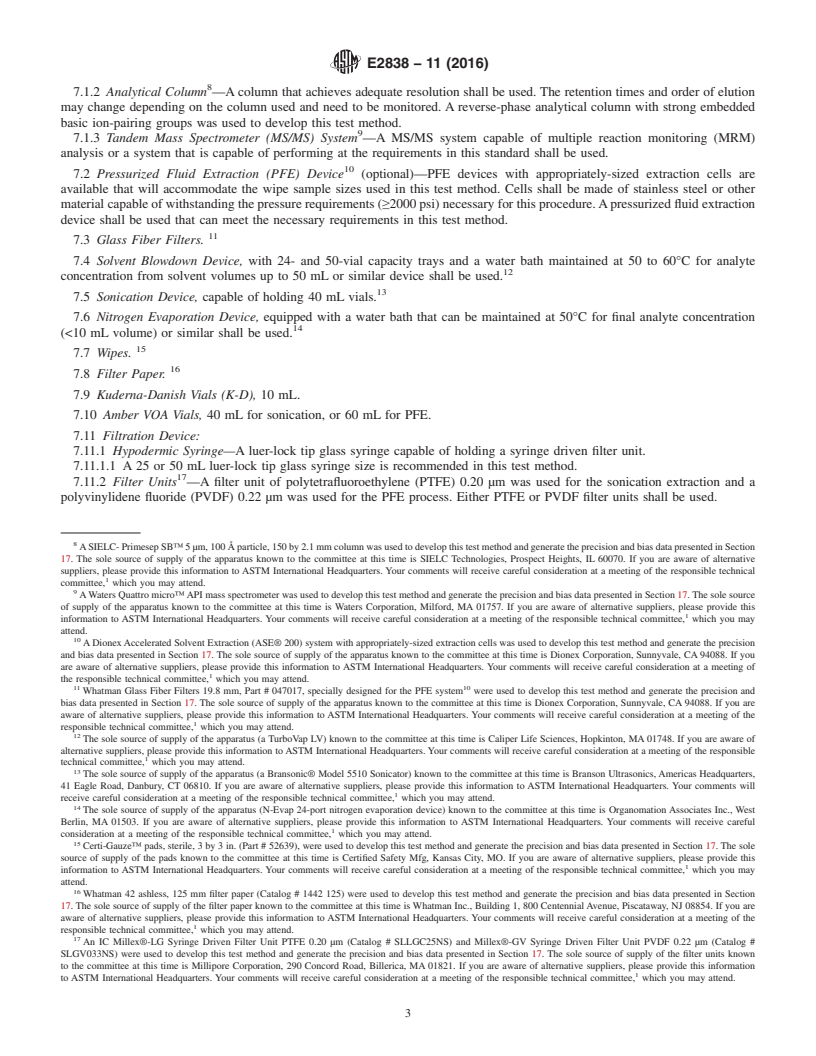 REDLINE ASTM E2838-11(2016) - Standard Test Method for  Determination of Thiodiglycol on Wipes by Solvent Extraction  Followed by Liquid Chromatography/Tandem Mass Spectrometry (LC/MS/MS)