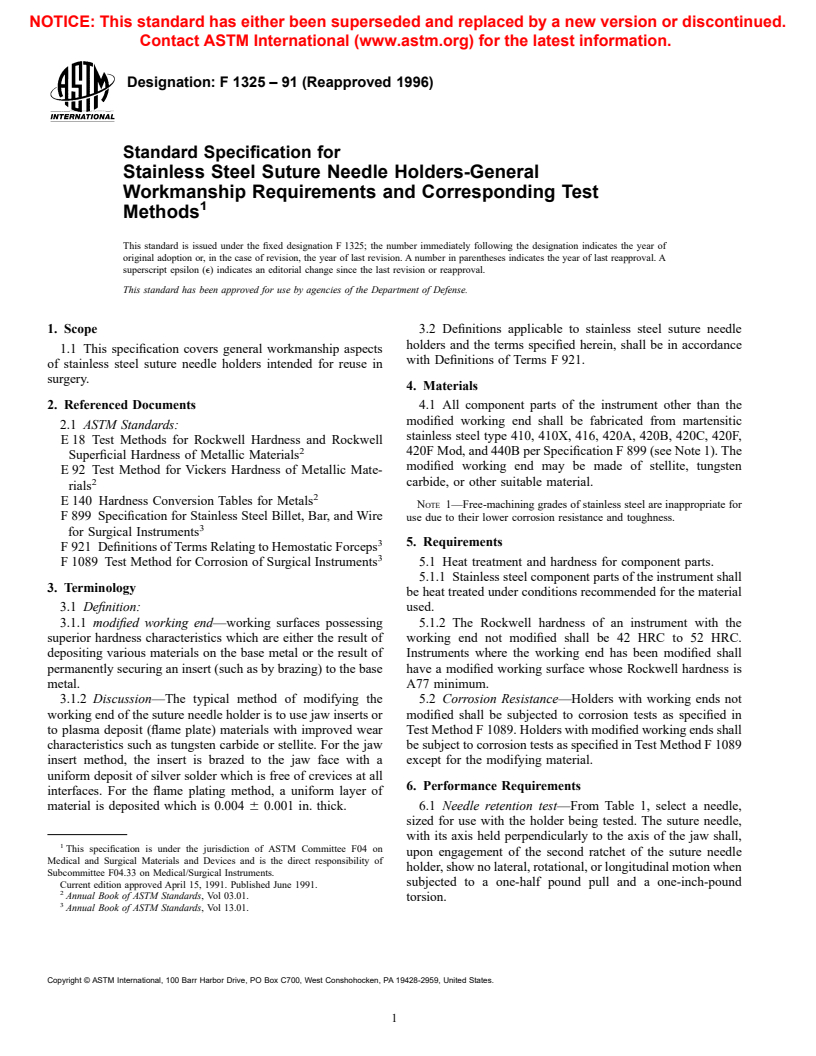 ASTM F1325-91(1996) - Standard Specification for Stainless Steel Suture Needle Holders-General Workmanship Requirements and Corresponding Test Methods