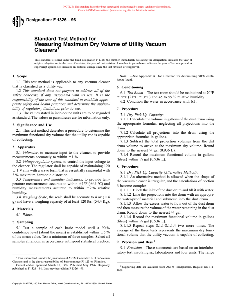 ASTM F1326-96 - Standard Test Method for Measuring Maximum Dry Volume of Utility Vacuum Cleaners