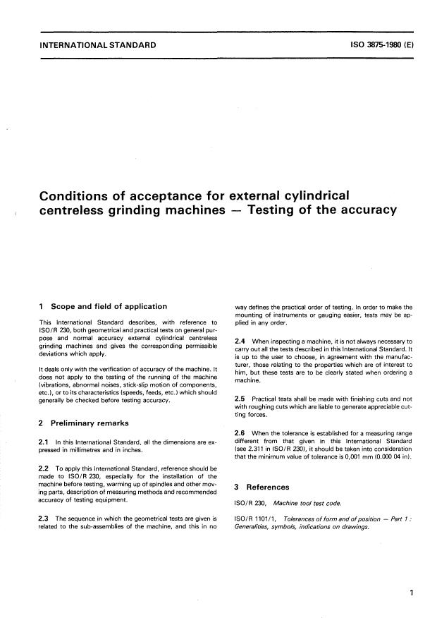 ISO 3875:1980 - Conditions of acceptance for external cylindrical centreless grinding machines -- Testing of the accuracy