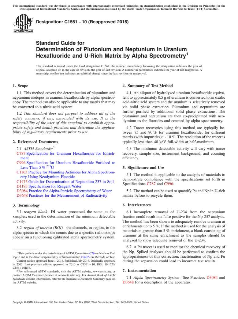 ASTM C1561-10(2016) - Standard Guide for  Determination of Plutonium and Neptunium in Uranium Hexafluoride and U-Rich Matrix by Alpha Spectrometry