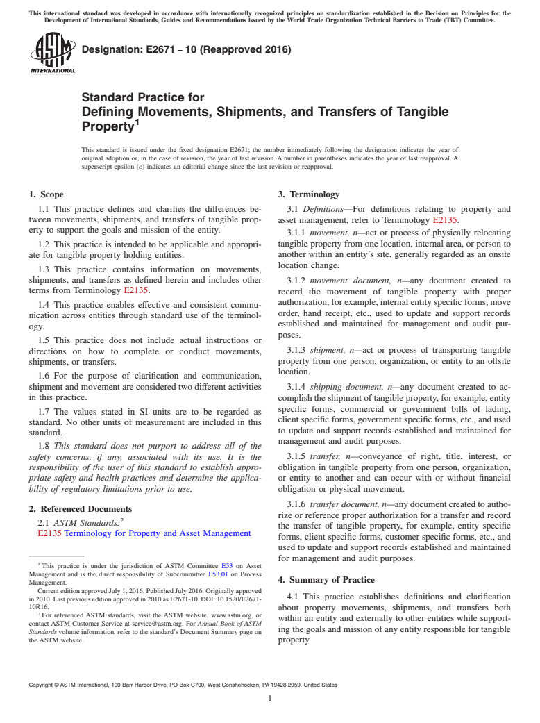 ASTM E2671-10(2016) - Standard Practice for Defining Movements, Shipments, and Transfers of Tangible Property