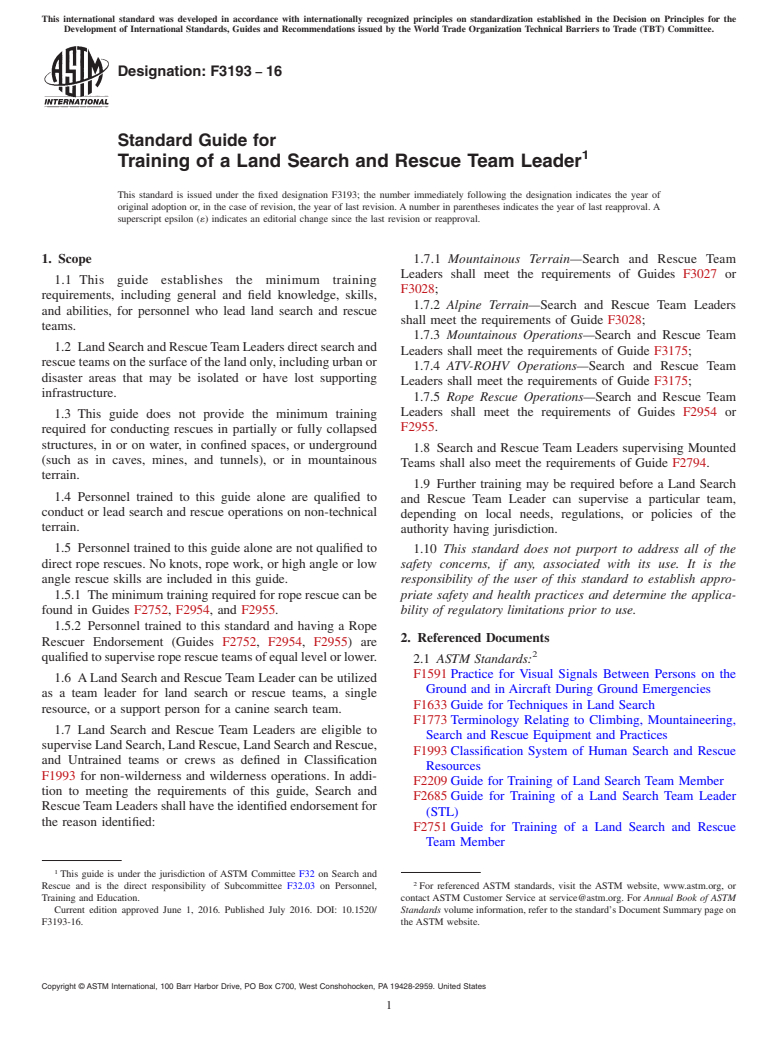 ASTM F3193-16 - Standard Guide for Training of a Land Search and Rescue Team Leader
