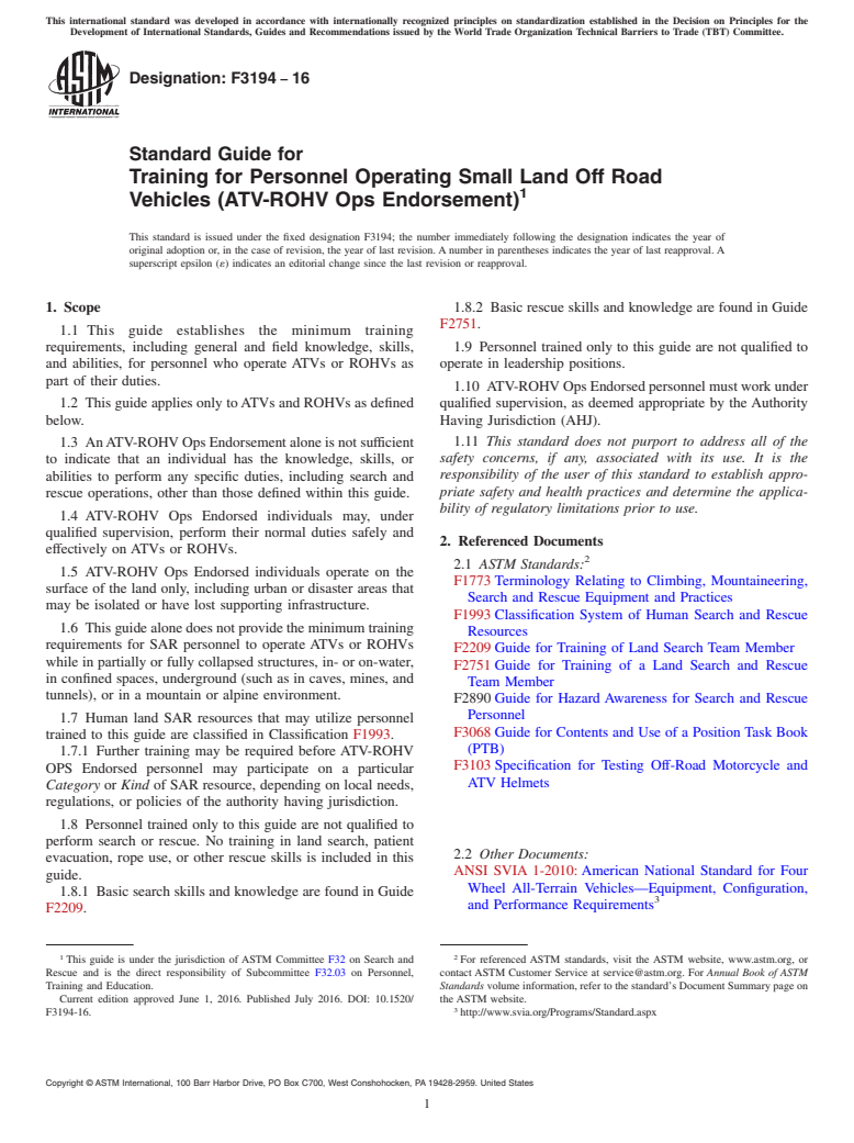 ASTM F3194-16 - Standard Guide for Training for Personnel Operating Small Land Off Road Vehicles  (ATV-ROHV Ops Endorsement)