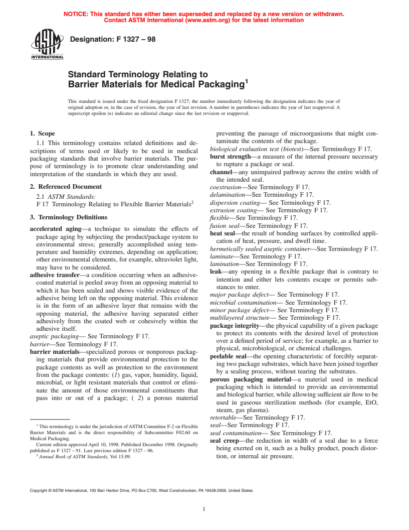 ASTM F1327-98 - Standard Terminology Relating to Barrier Materials for Medical Packaging