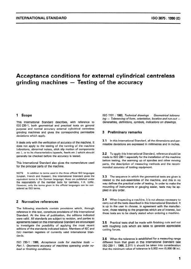 ISO 3875:1990 - Acceptance conditions for external cylindrical centreless grinding machines -- Testing of the accuracy