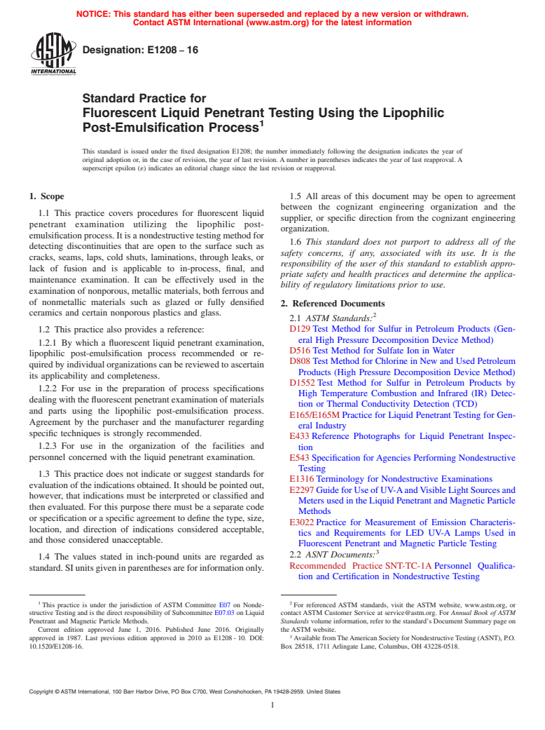 ASTM E1208-16 - Standard Practice for  Fluorescent Liquid Penetrant Testing Using the Lipophilic Post-Emulsification  Process