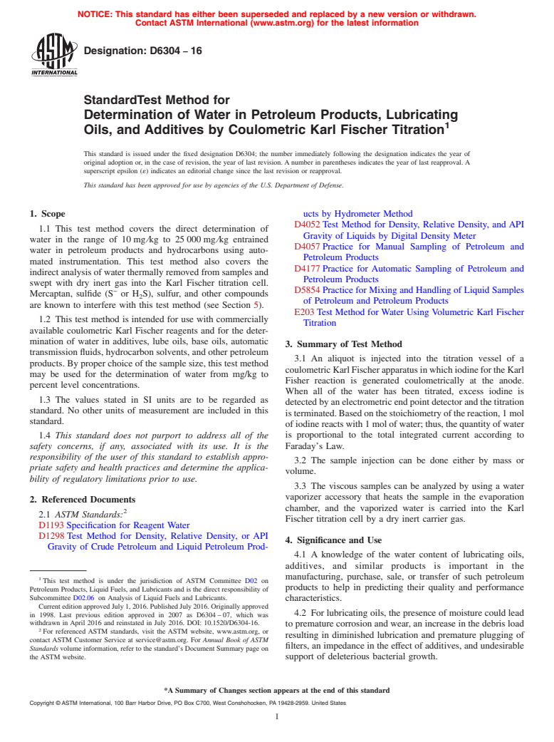 ASTM D6304-16 - Standard Test Method for  Determination of Water in Petroleum Products, Lubricating Oils,   and Additives by Coulometric Karl Fischer Titration