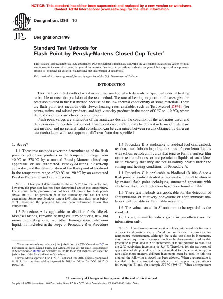 ASTM D93-16 - Standard Test Methods for  Flash Point by Pensky-Martens Closed Cup Tester