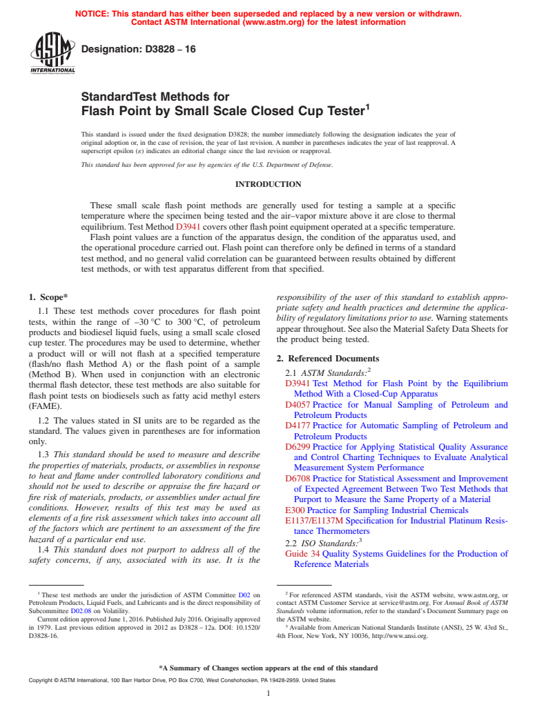 ASTM D3828-16 - Standard Test Methods for Flash Point by Small Scale Closed Cup Tester