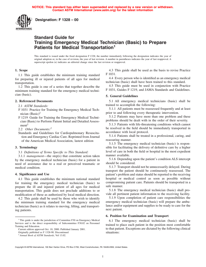 ASTM F1328-00 - Standard Guide for Training Emergency Medical Technician (Basic) to Prepare Patients for Medical Transportation (Withdrawn 2006)