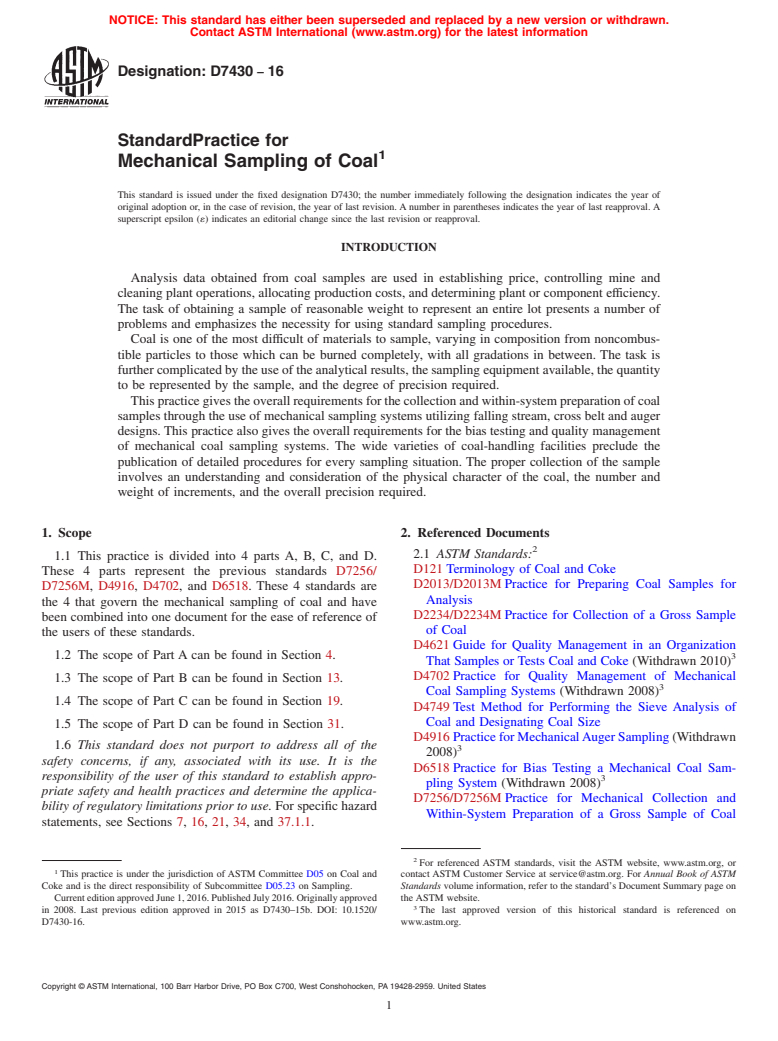 ASTM D7430-16 - Standard Practice for Mechanical Sampling of Coal