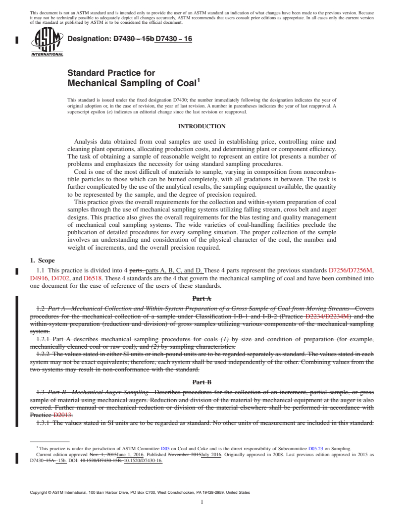 REDLINE ASTM D7430-16 - Standard Practice for Mechanical Sampling of Coal