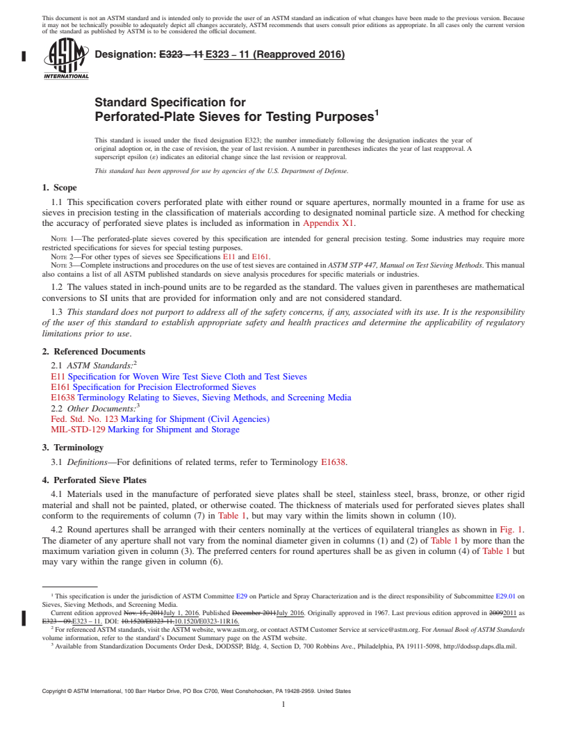 REDLINE ASTM E323-11(2016) - Standard Specification for  Perforated-Plate Sieves for Testing Purposes