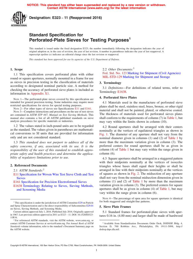 ASTM E323-11(2016) - Standard Specification for  Perforated-Plate Sieves for Testing Purposes