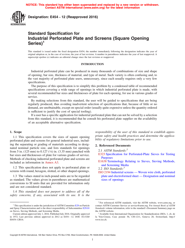 ASTM E454-12(2016) - Standard Specification for  Industrial Perforated Plate and Screens (Square Opening Series)