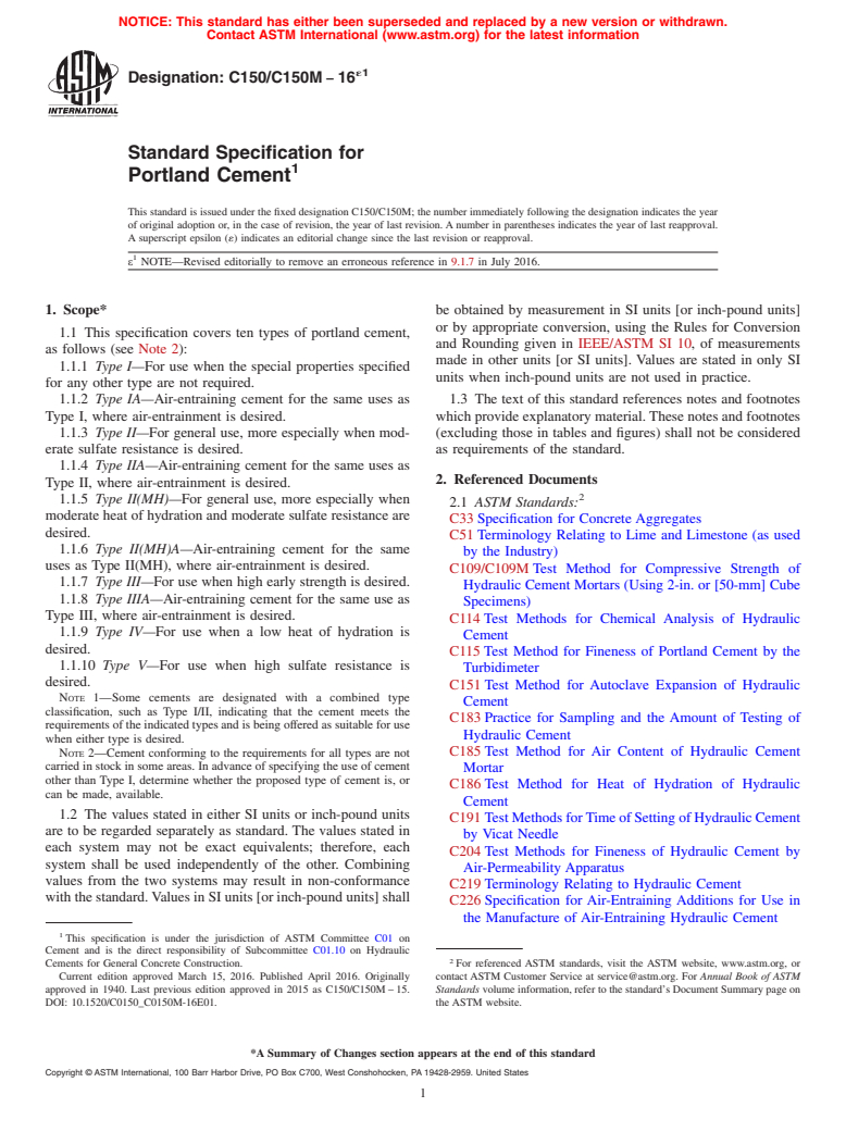 ASTM C150/C150M-16e1 - Standard Specification for  Portland Cement