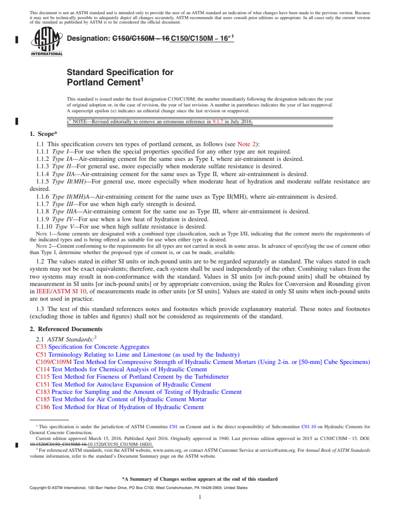 REDLINE ASTM C150/C150M-16e1 - Standard Specification for  Portland Cement