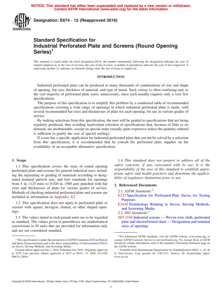 ASTM E674-12(2016) - Standard Specification for  Industrial Perforated Plate and Screens (Round Opening Series)