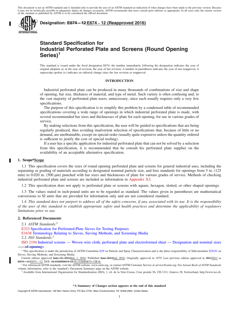 REDLINE ASTM E674-12(2016) - Standard Specification for  Industrial Perforated Plate and Screens (Round Opening Series)