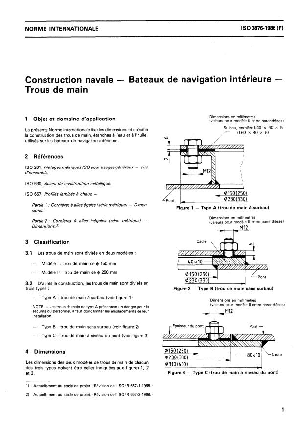 ISO 3876:1986 - Construction navale -- Bateaux de navigation intérieure -- Trous de main