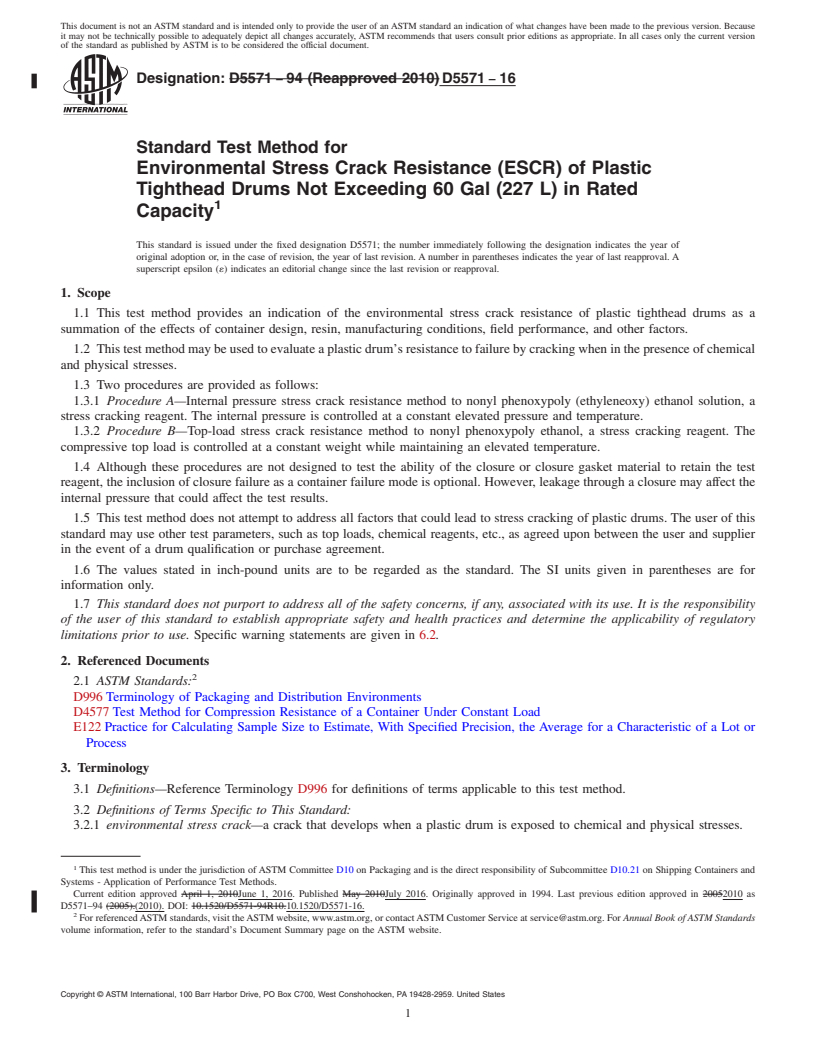 REDLINE ASTM D5571-16 - Standard Test Method for  Environmental Stress Crack Resistance (ESCR) of Plastic Tighthead   Drums Not Exceeding 60 Gal (227 L) in Rated Capacity