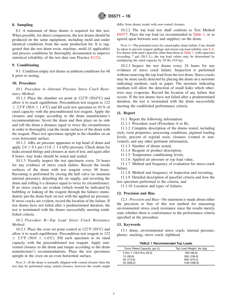 ASTM D5571-16 - Standard Test Method for  Environmental Stress Crack Resistance (ESCR) of Plastic Tighthead   Drums Not Exceeding 60 Gal (227 L) in Rated Capacity