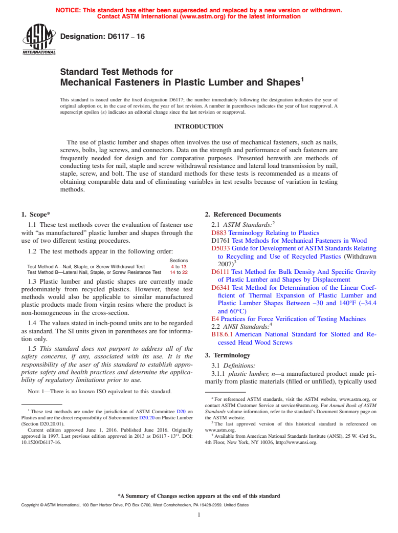 ASTM D6117-16 - Standard Test Methods for Mechanical Fasteners in Plastic Lumber and Shapes