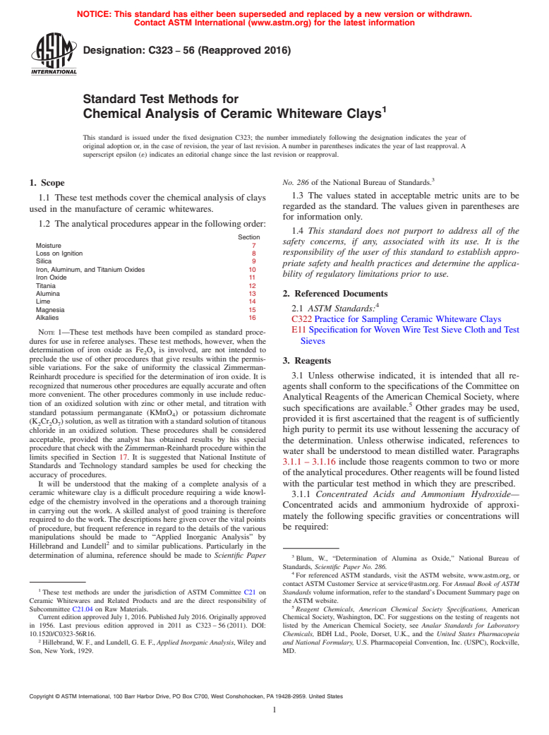 ASTM C323-56(2016) - Standard Test Methods for  Chemical Analysis of Ceramic Whiteware Clays (Withdrawn 2024)