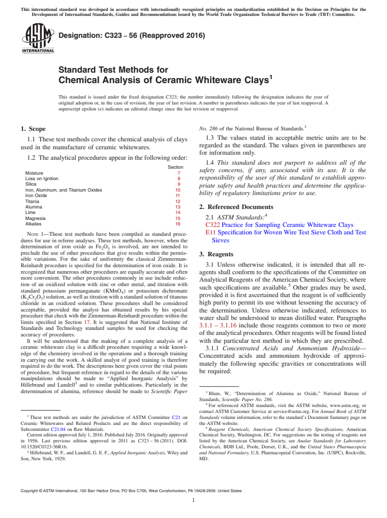 ASTM C323-56(2016) - Standard Test Methods for  Chemical Analysis of Ceramic Whiteware Clays