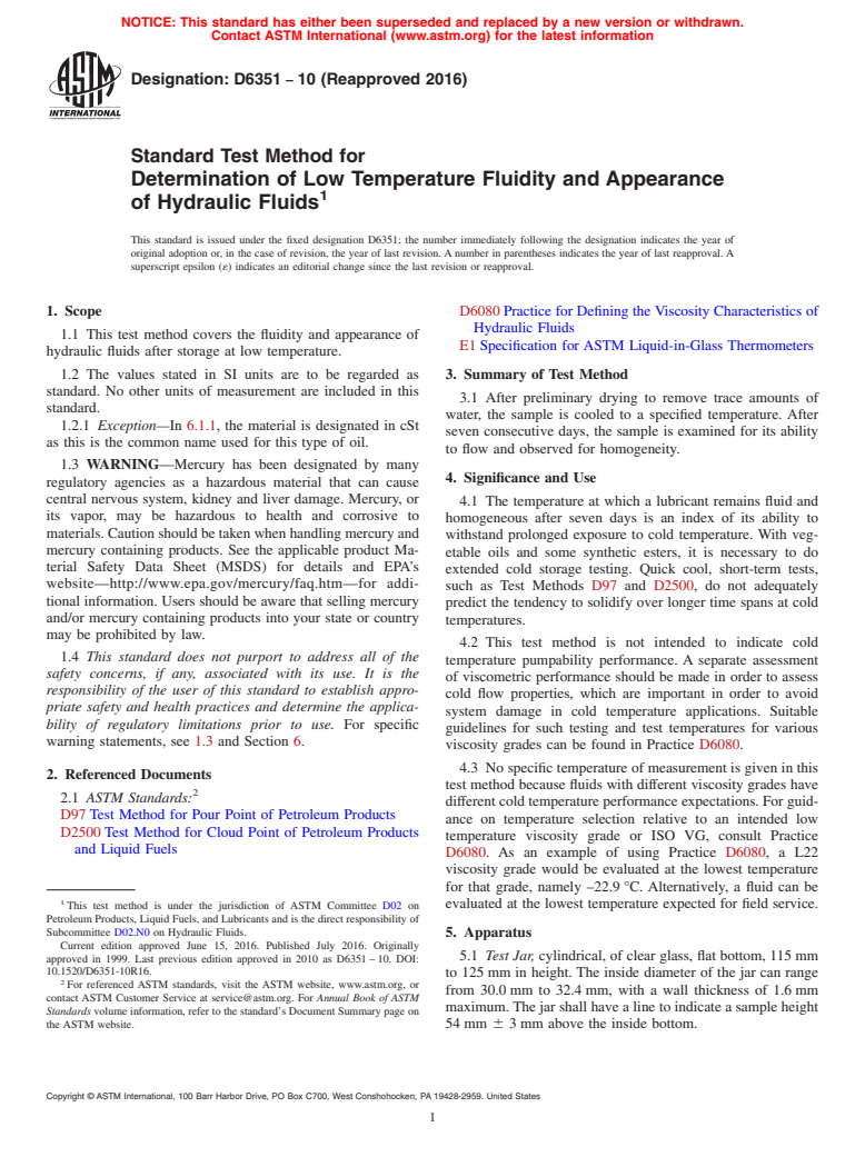 ASTM D6351-10(2016) - Standard Test Method for  Determination of Low Temperature Fluidity and Appearance of   Hydraulic Fluids