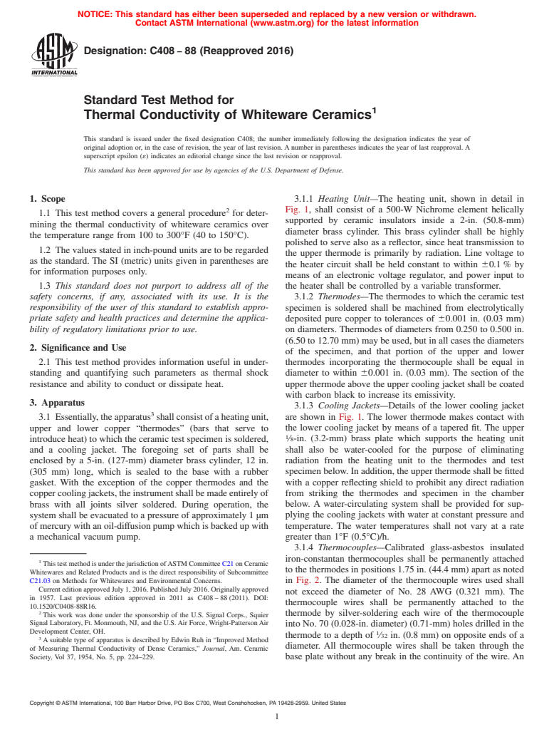 ASTM C408-88(2016) - Standard Test Method for  Thermal Conductivity of Whiteware Ceramics