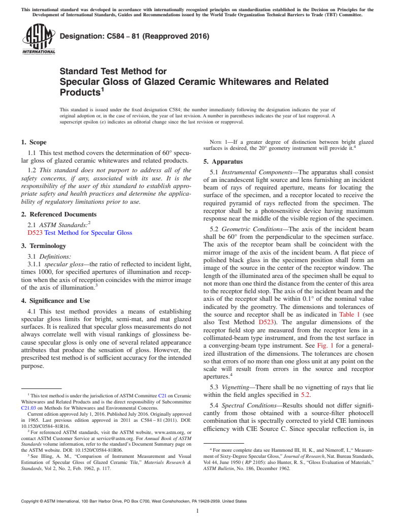 ASTM C584-81(2016) - Standard Test Method for  Specular Gloss of Glazed Ceramic Whitewares and Related Products