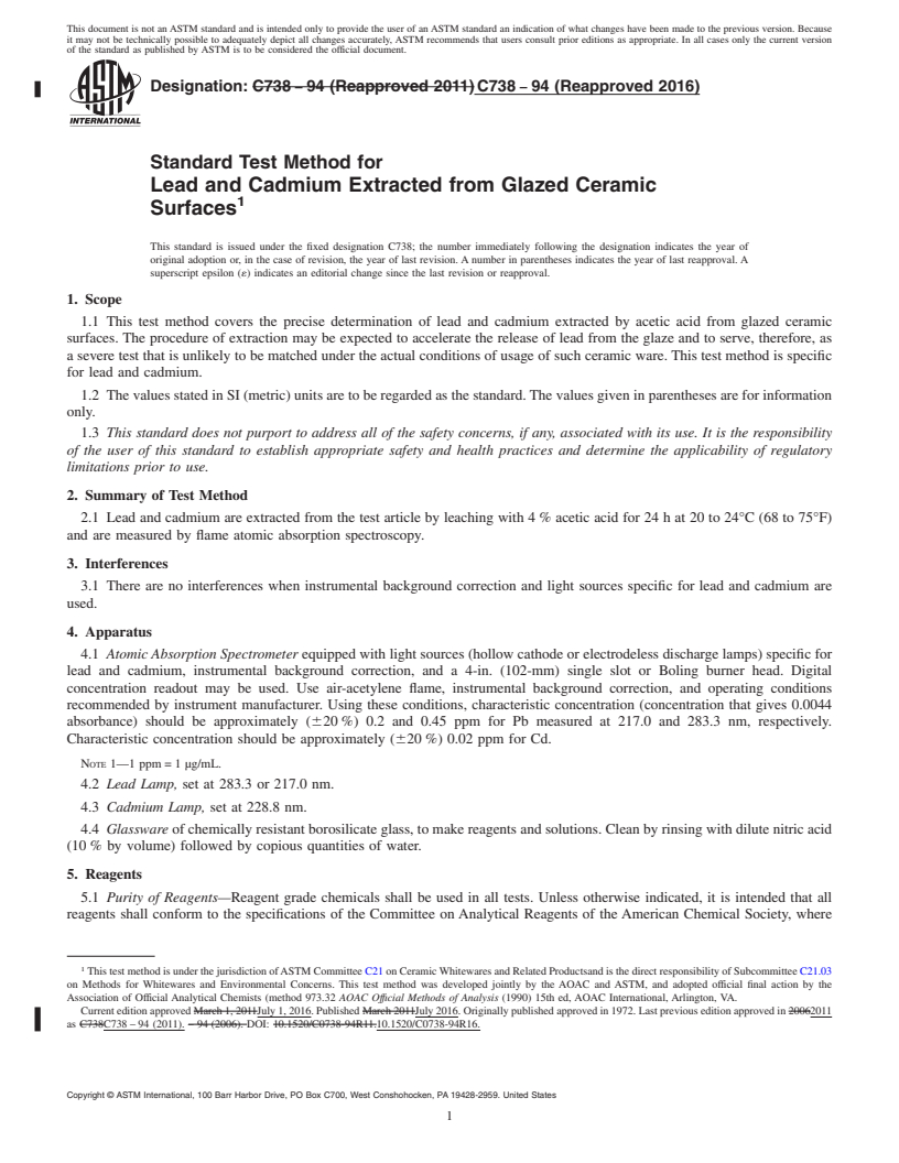 REDLINE ASTM C738-94(2016) - Standard Test Method for  Lead and Cadmium Extracted from Glazed Ceramic Surfaces