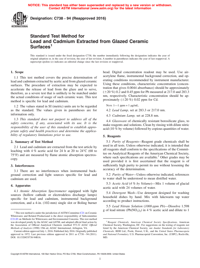 ASTM C738-94(2016) - Standard Test Method for  Lead and Cadmium Extracted from Glazed Ceramic Surfaces