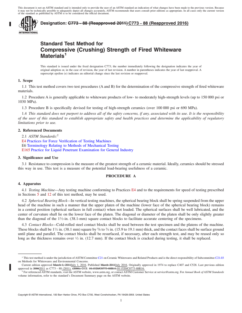 REDLINE ASTM C773-88(2016) - Standard Test Method for  Compressive (Crushing) Strength of Fired Whiteware Materials
