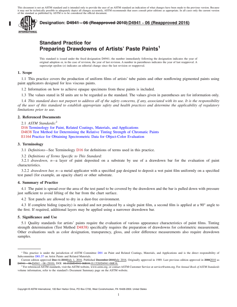 REDLINE ASTM D4941-06(2016) - Standard Practice for Preparing Drawdowns of Artists&#x2019; Paste Paints