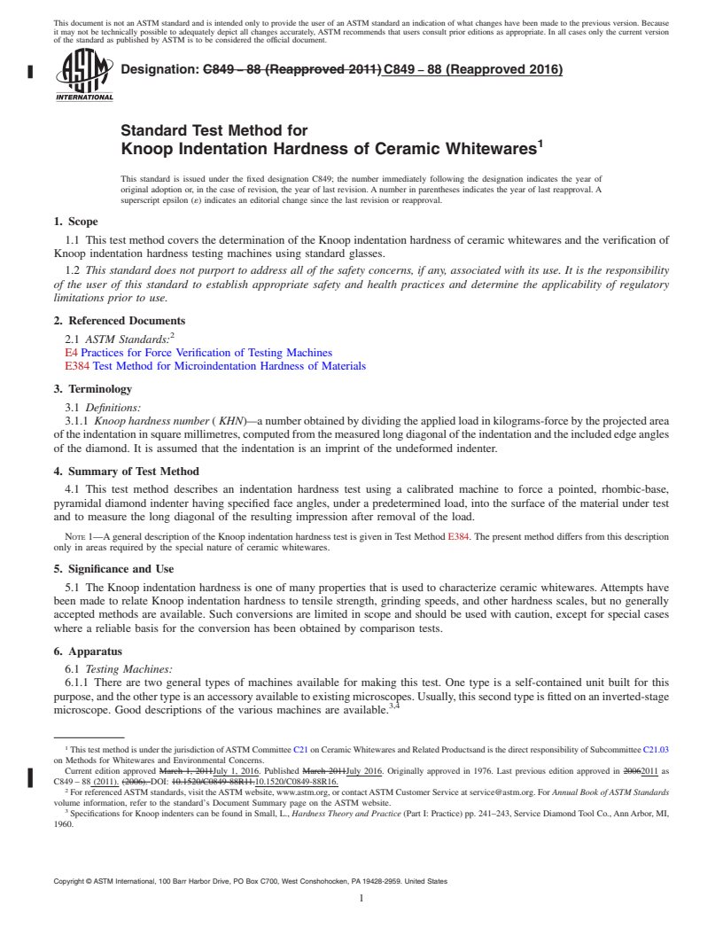 REDLINE ASTM C849-88(2016) - Standard Test Method for  Knoop Indentation Hardness of Ceramic Whitewares