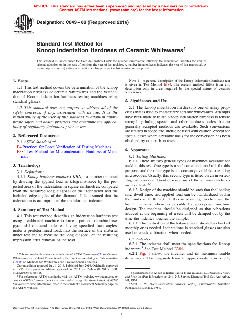 ASTM C849-88(2016) - Standard Test Method for  Knoop Indentation Hardness of Ceramic Whitewares