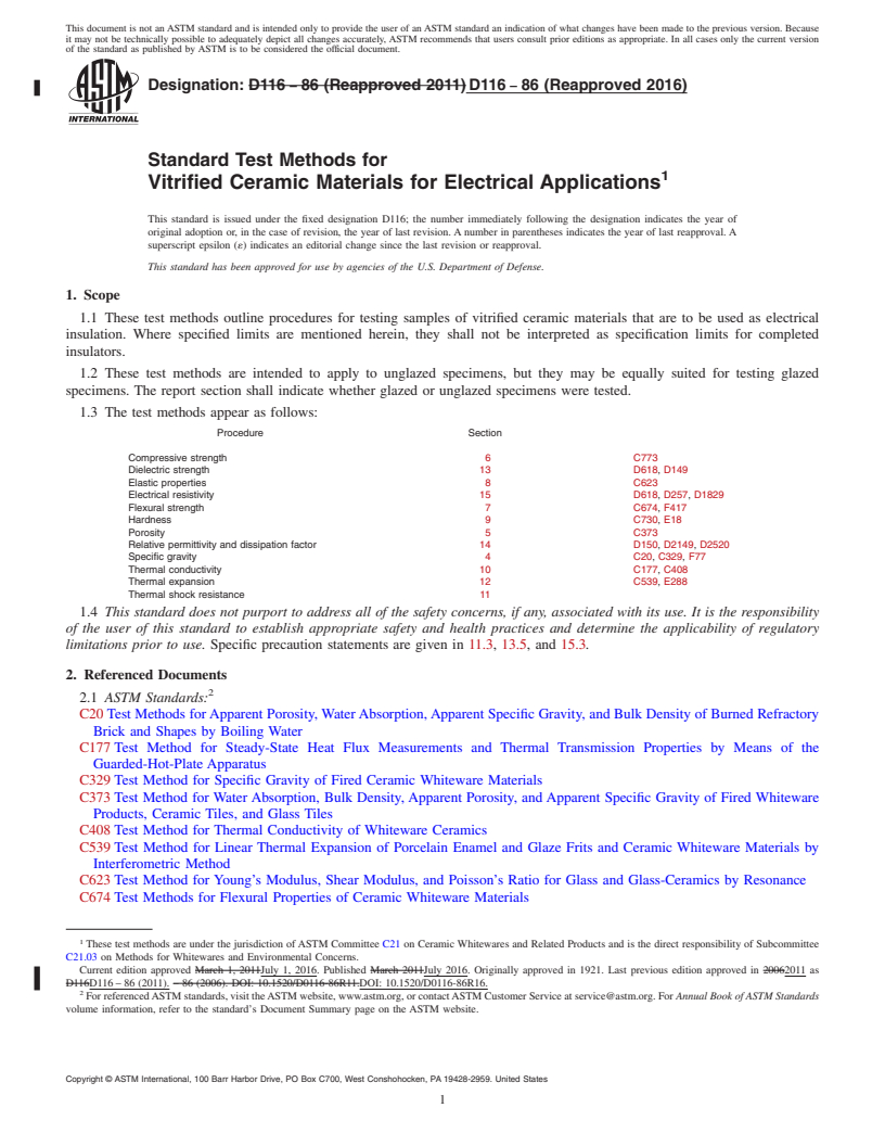 REDLINE ASTM D116-86(2016) - Standard Test Methods for  Vitrified Ceramic Materials for Electrical Applications