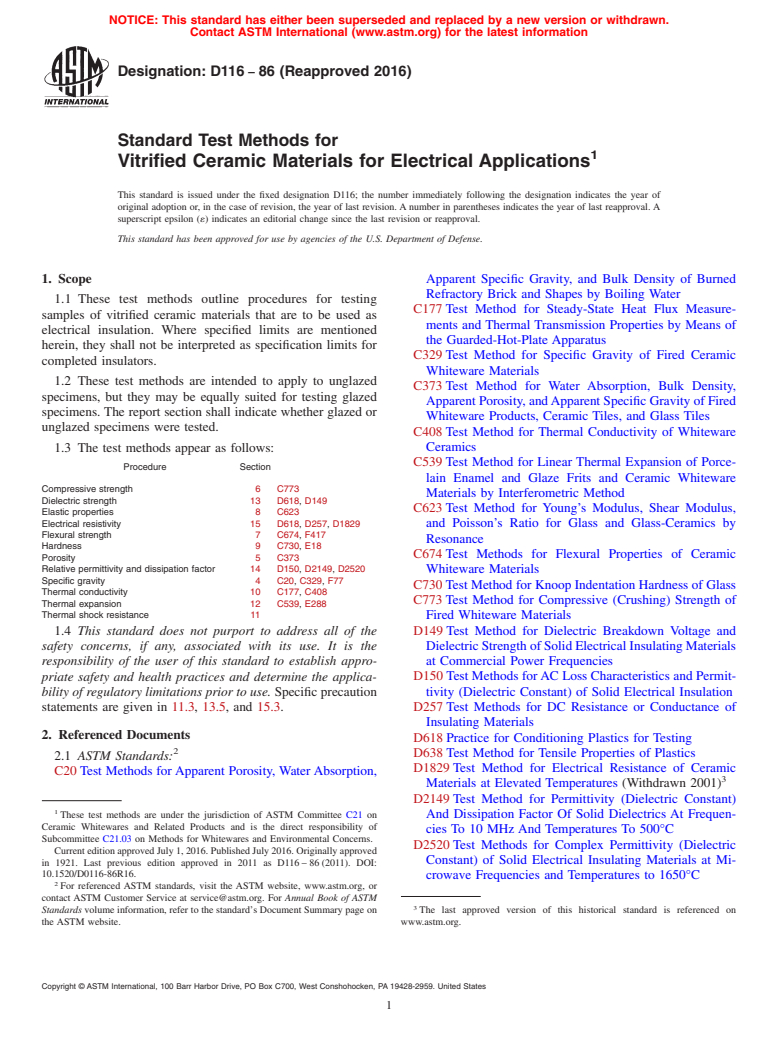 ASTM D116-86(2016) - Standard Test Methods for  Vitrified Ceramic Materials for Electrical Applications